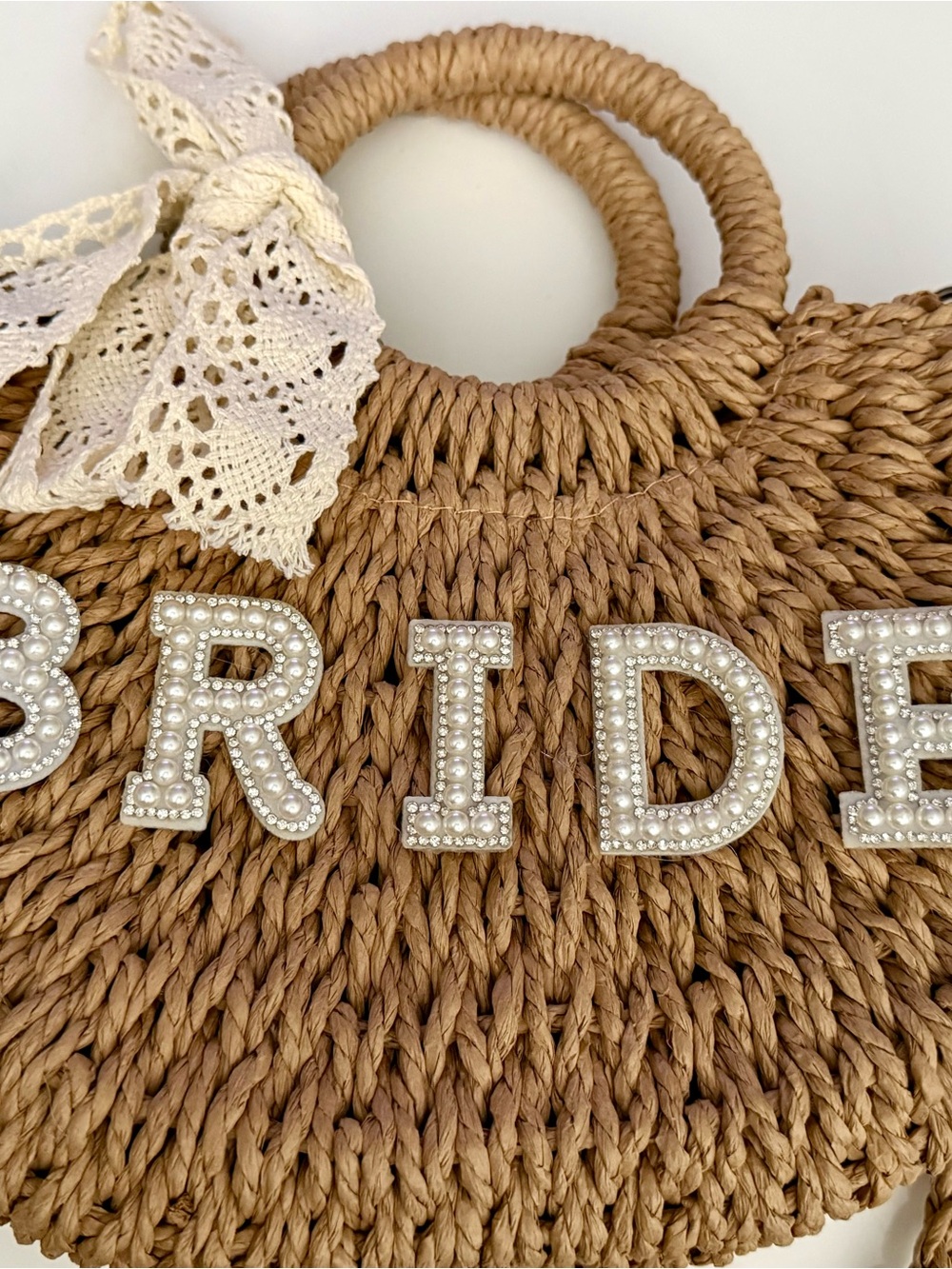 Pearl Letter Straw Tote in Natural with Cream Lace Bow
